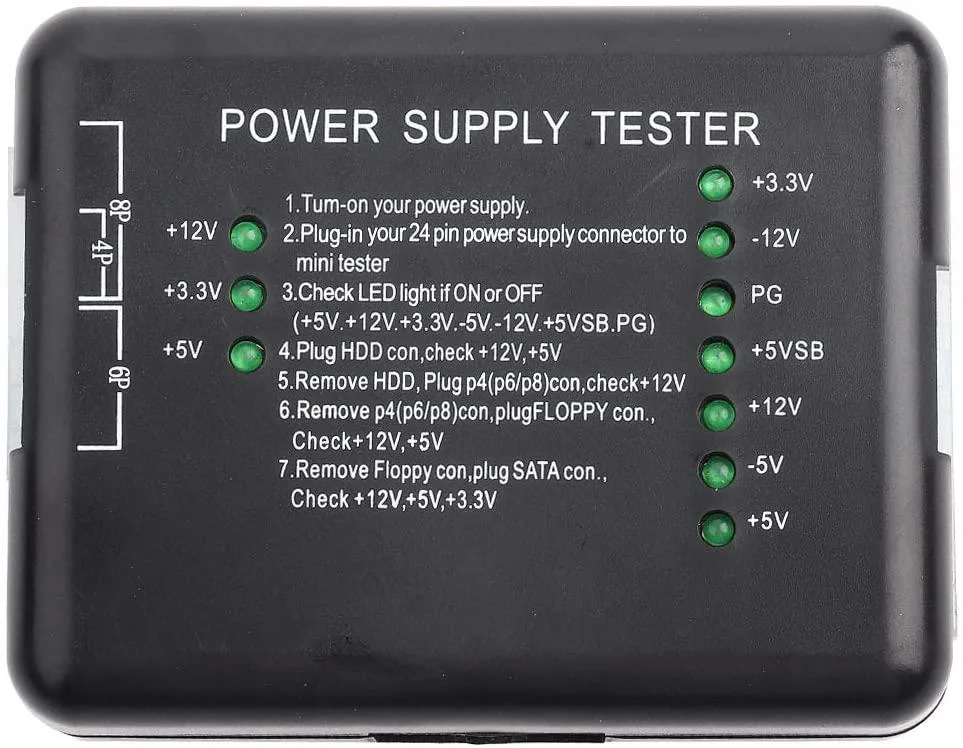 Black plastic AT power-supply tester with 20/24 pin, SATA and other connectors, green LEDs