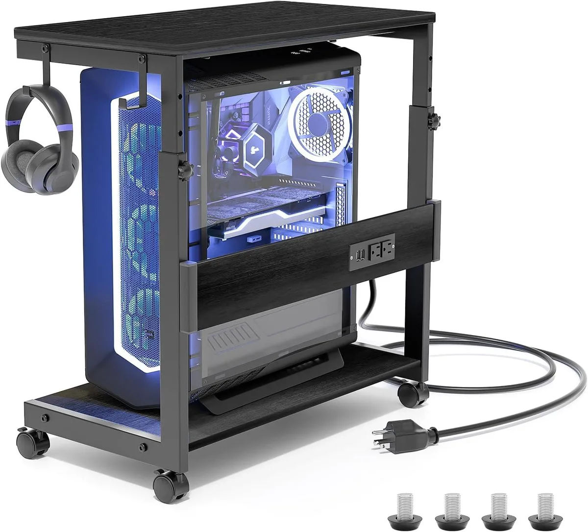 BFKK BFKK Height Adjustable PC Tower Stand with Charge Station, USB Ports, 2-Tier, Locking Casters, Black — product photo