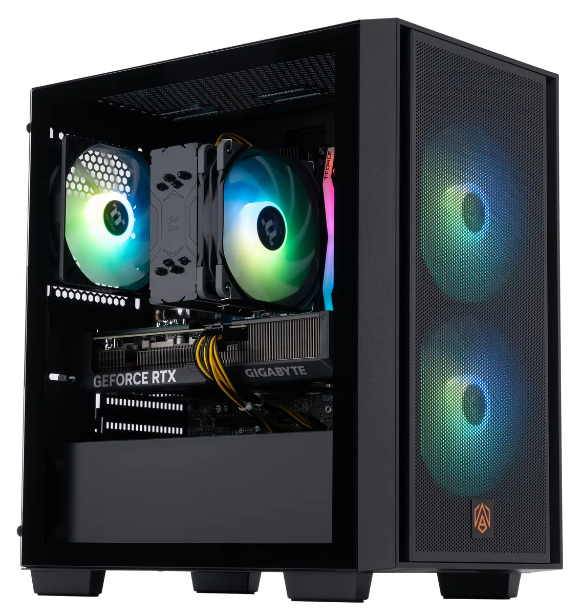 Obsidian-black mATX tower with RGB-lit DDR5 memory visible through side panel