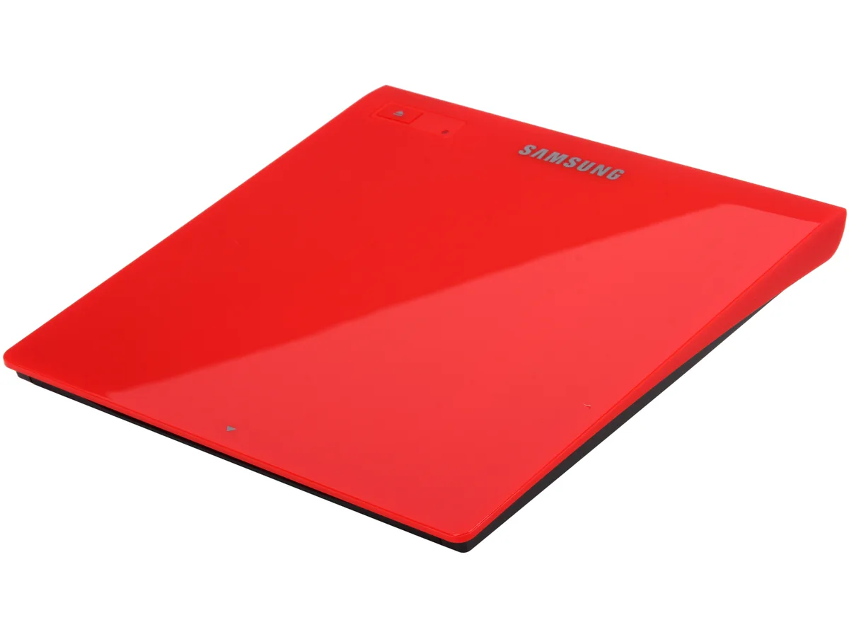 Slim red external optical drive with tray load