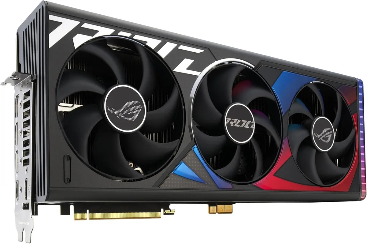 ASUS ROG Strix RTX 4090 BTF OC graphics card, three-slot dark cooler with triple axial fans and metal backplate