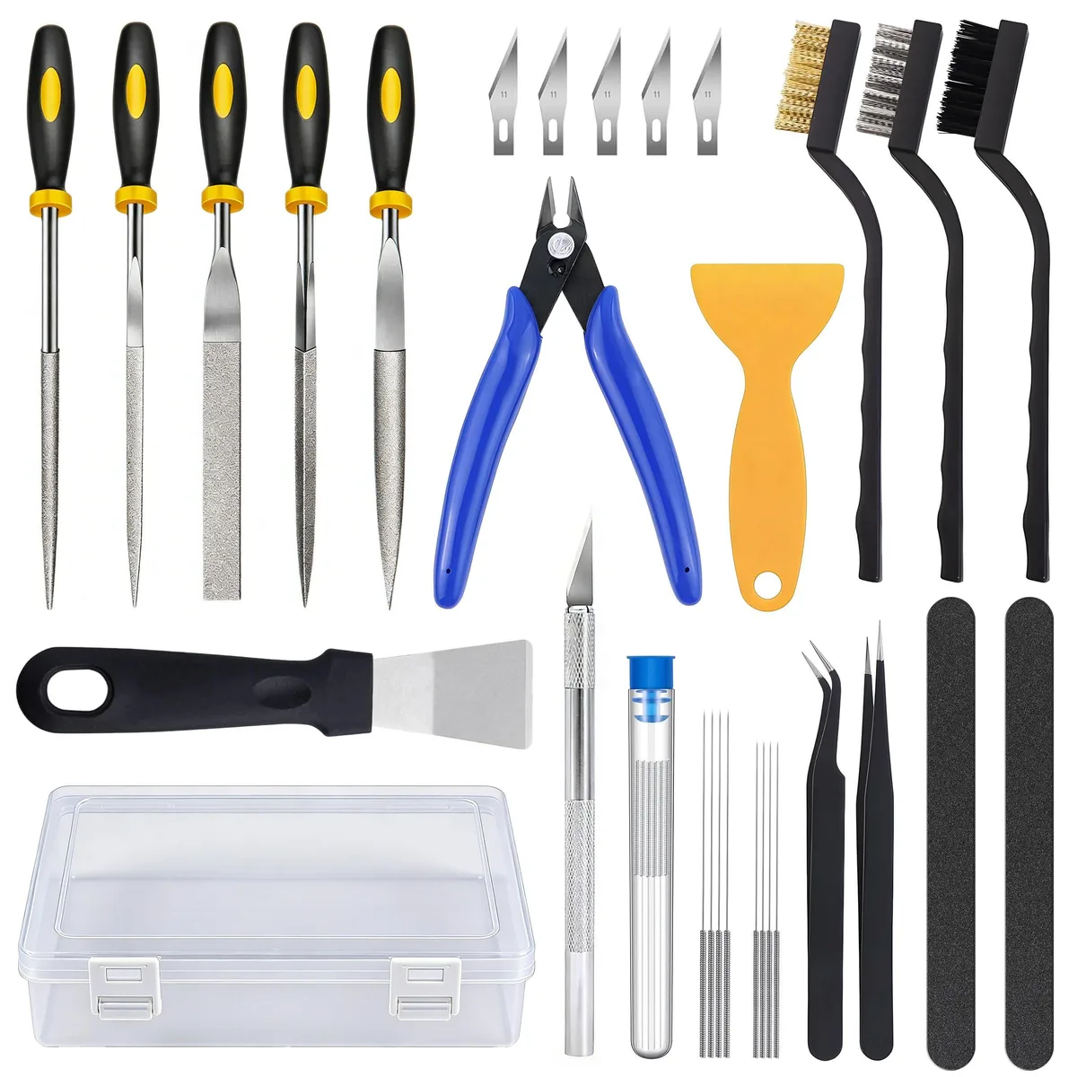 Open case showing 30-piece 3D printer tool kit with needles, scrapers, brushes and files