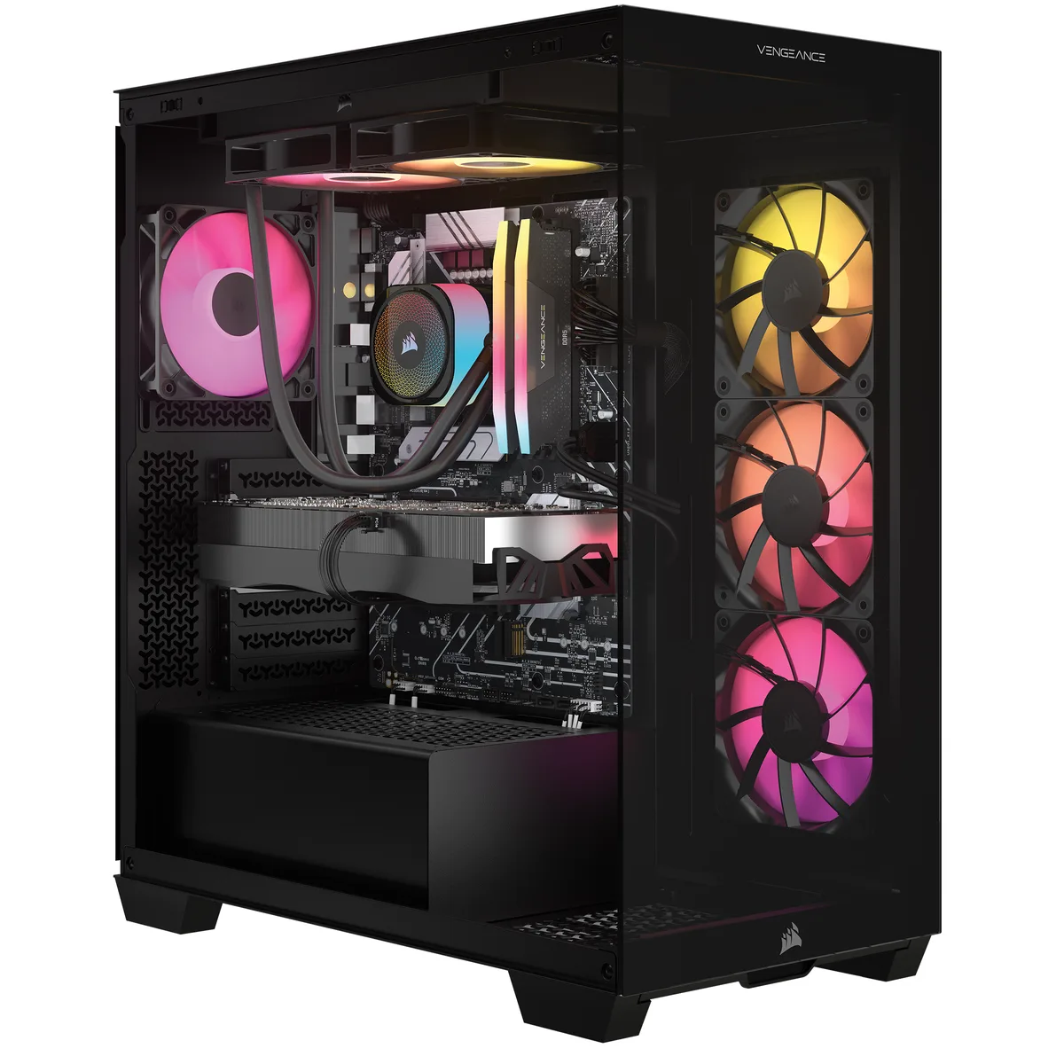 Black mid-tower with tempered glass side panel and ARGB fans visible
