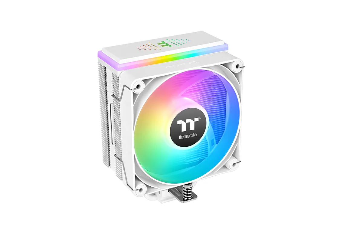 White single-tower CPU cooler with 120mm ARGB fan and four copper heat pipes