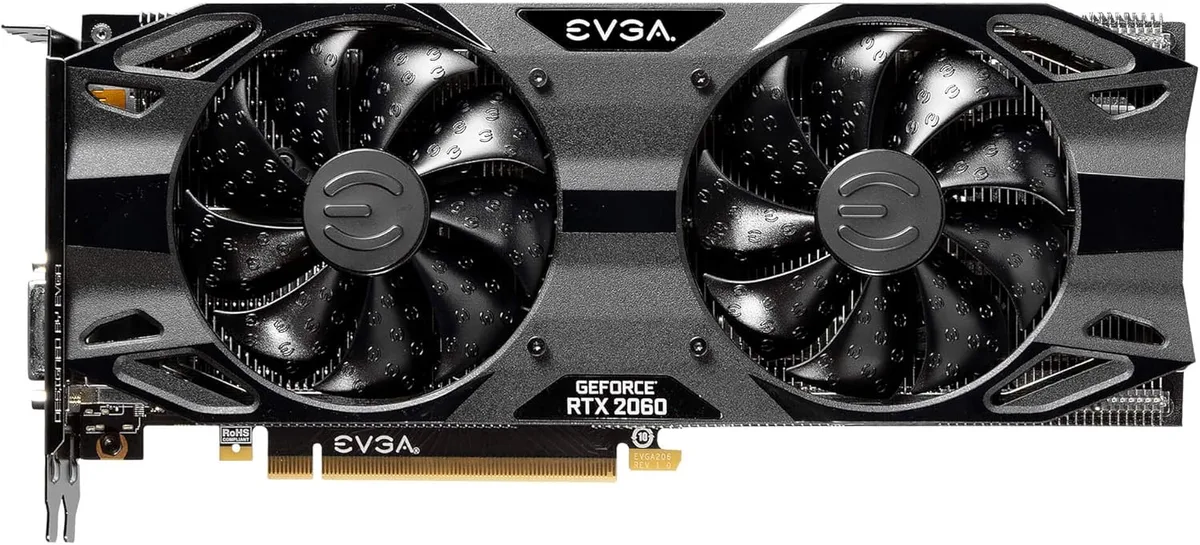 Black dual-fan graphics card with metal backplate