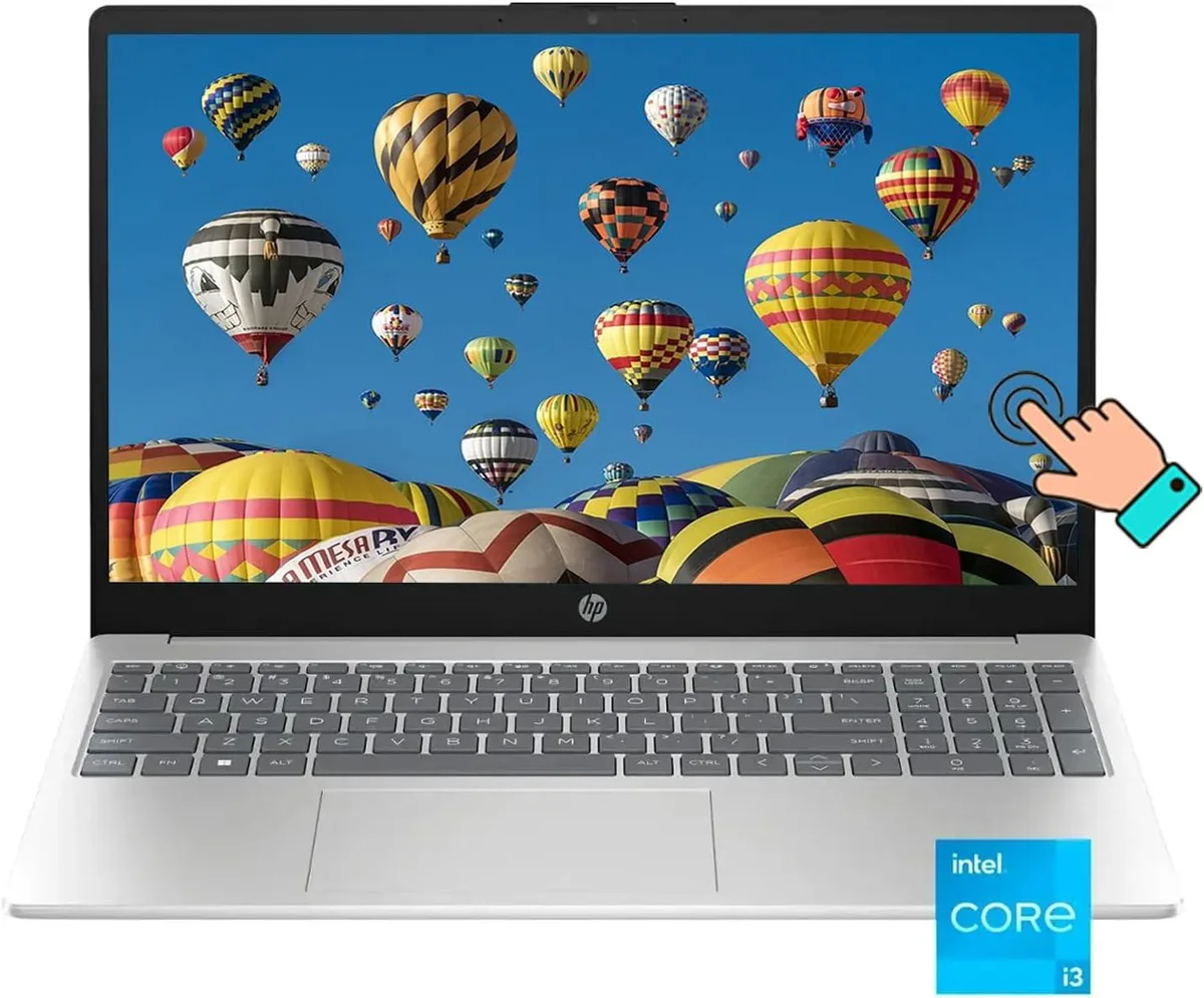 Silver 15.6 inch touchscreen laptop, slim clamshell with numeric keypad