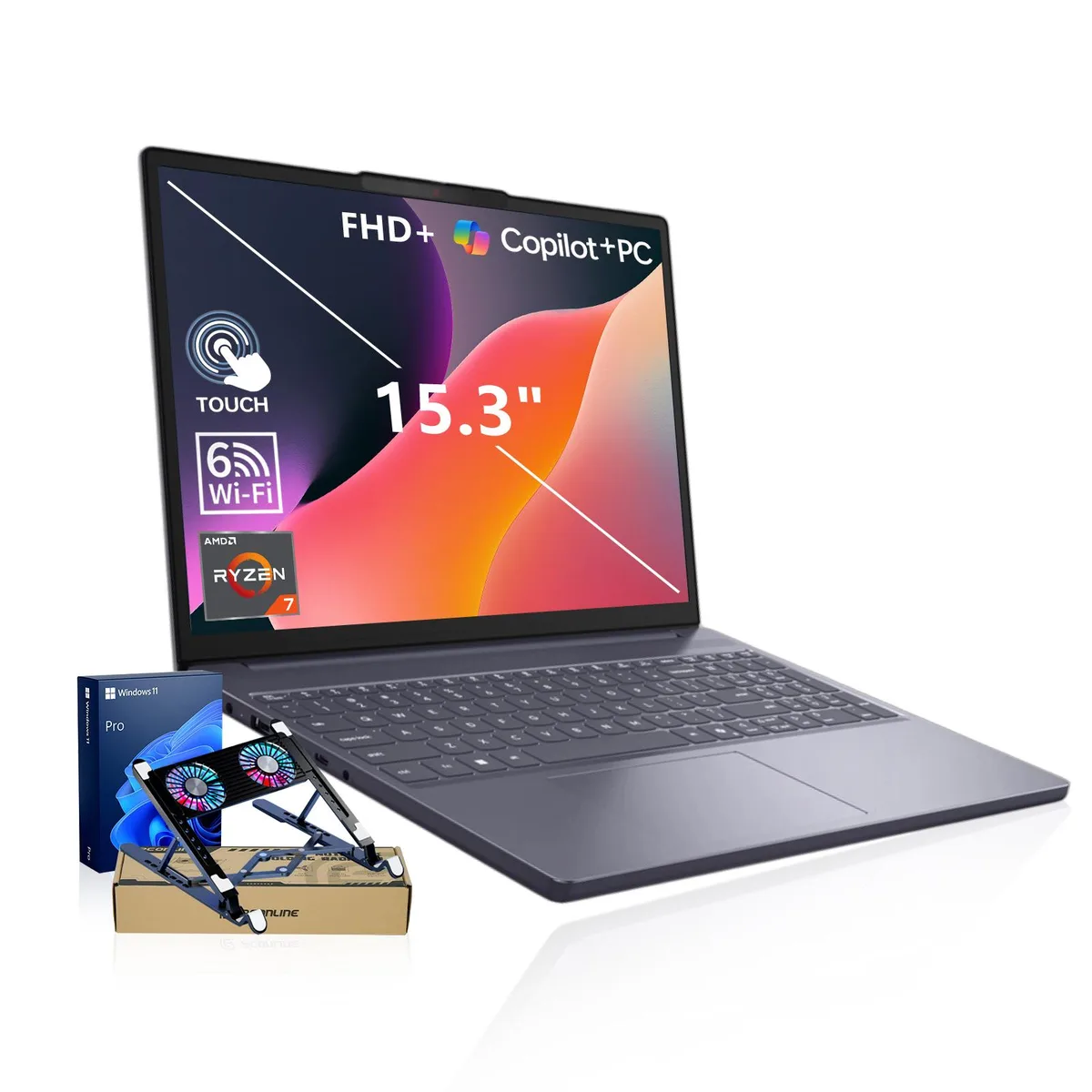 Grey IdeaPad Slim 3 laptop, 15.3 inch touchscreen, slim profile, matte finish, includes external PCO cooler