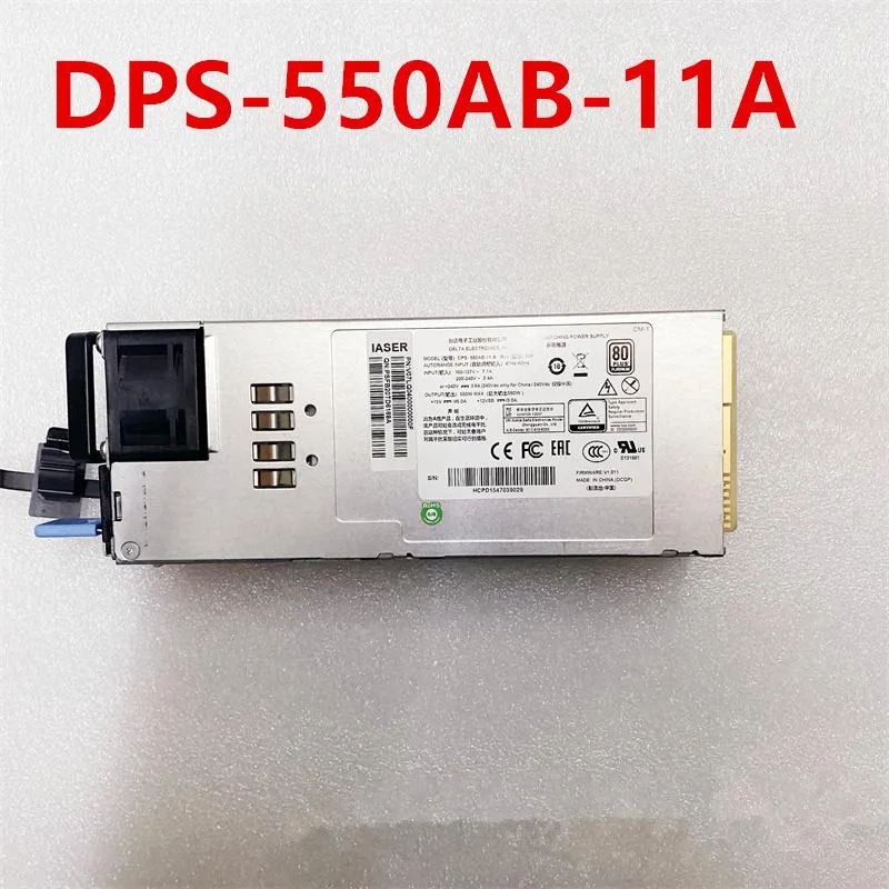 Rectangular metal ATX power supply unit with ventilation grille and label showing DPS-550AB-11 A