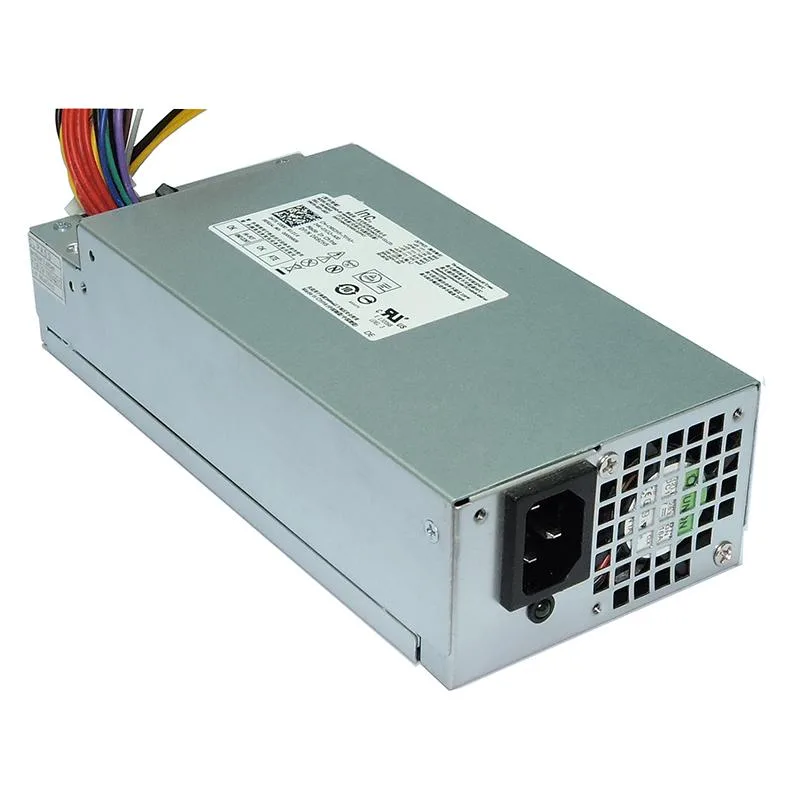 Rectangular silver ATX power supply unit with ventilation grille and label