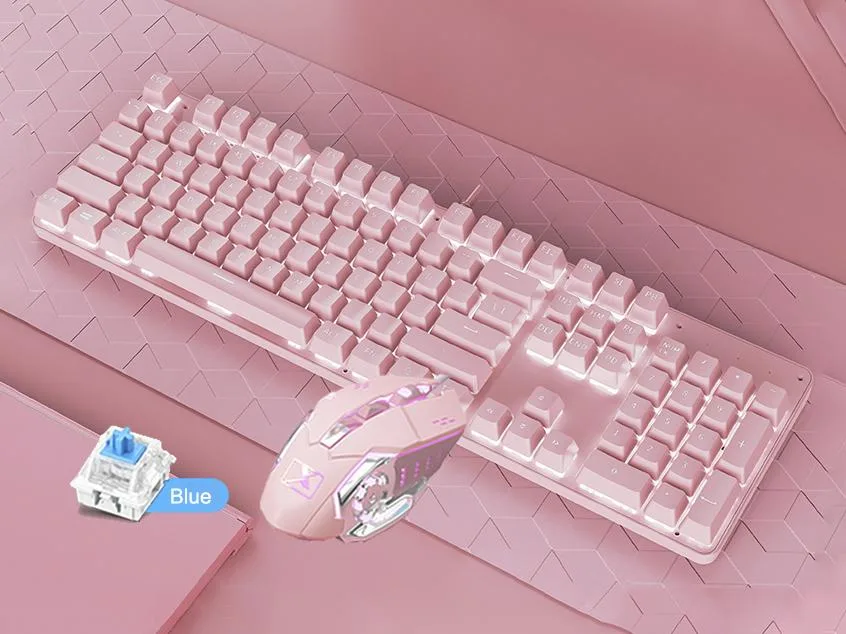 Pink mechanical keyboard with 104 keys and matching right-handed wired mouse
