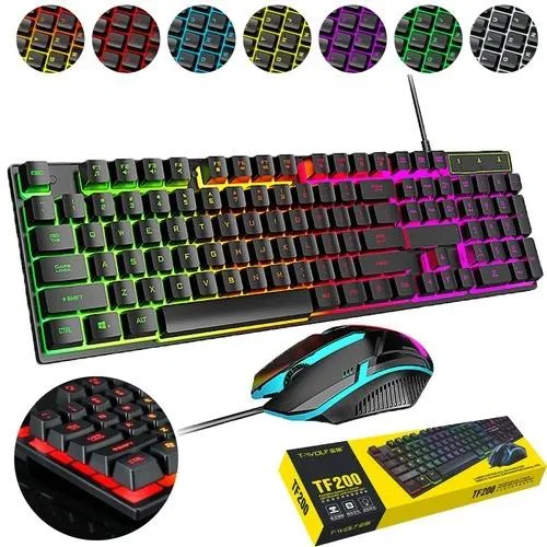 Black wired gaming keyboard and mouse set with RGB rainbow backlighting, 104 tactile keys, ergonomic mouse with adjustable DPI