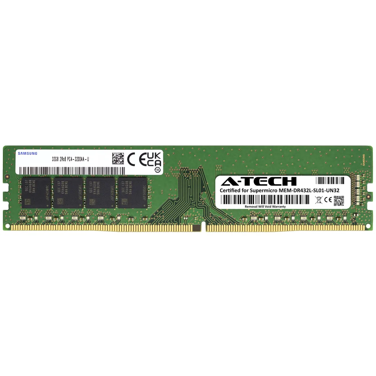 Green rectangular circuit board with black memory chips and gold edge connectors