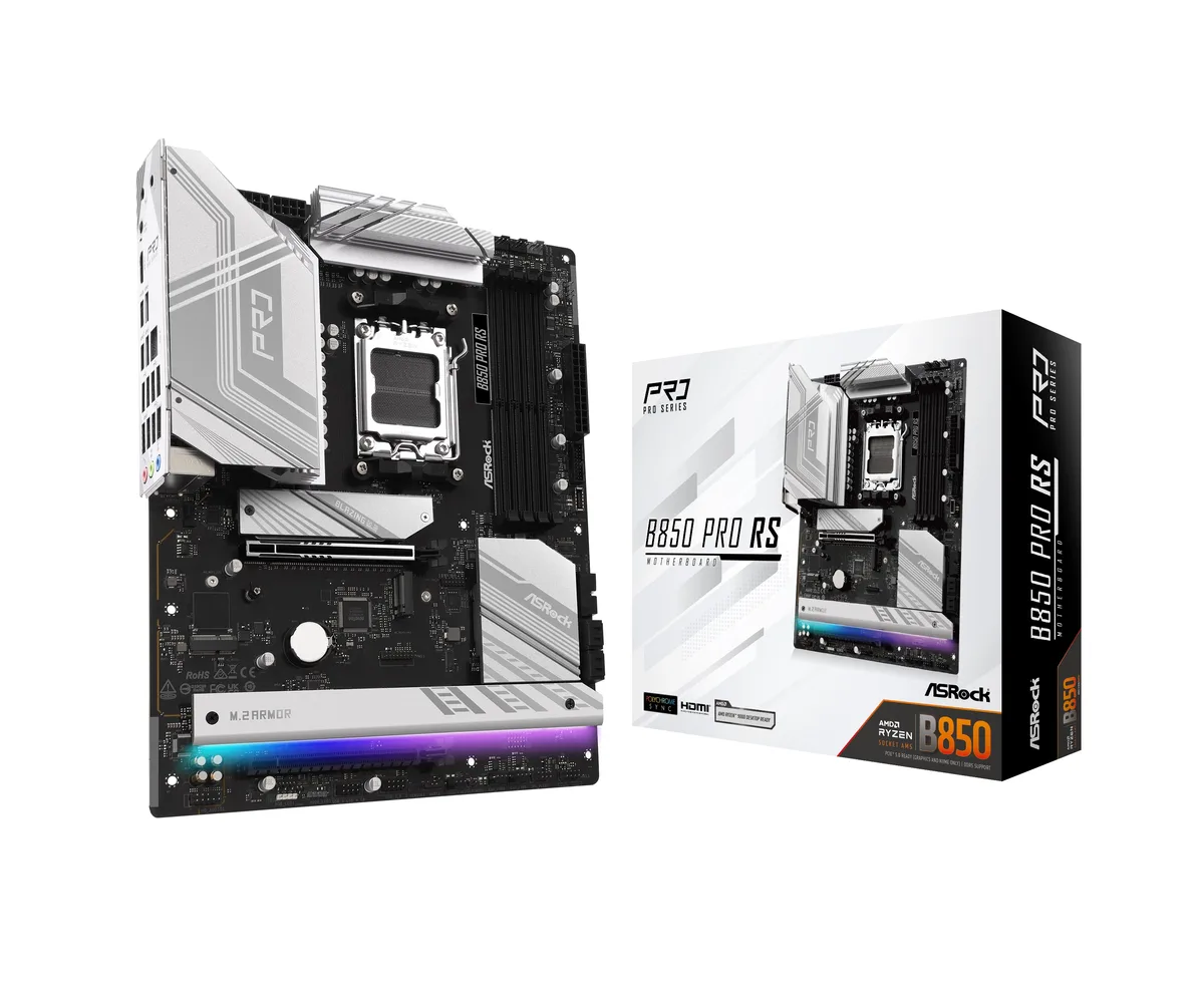 Rectangular ATX motherboard, dark PCB with silver heatsinks and black slots