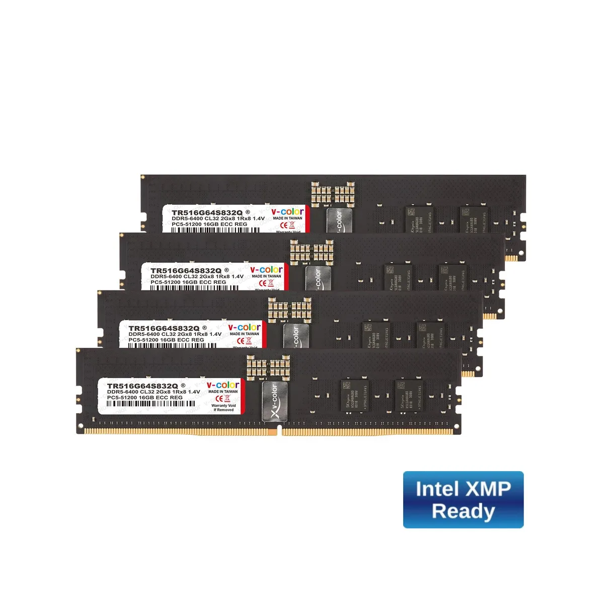 Four black DDR5 RDIMM modules with silver heat spreaders in a row