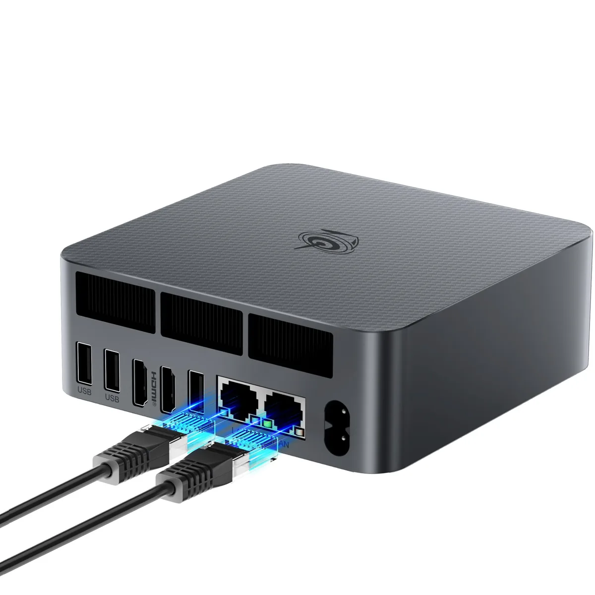 Small gray rectangular mini PC on a plain surface