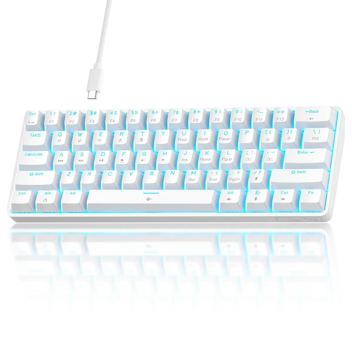 White compact 60 percent mechanical keyboard with ice blue backlighting and braided USB-C cable