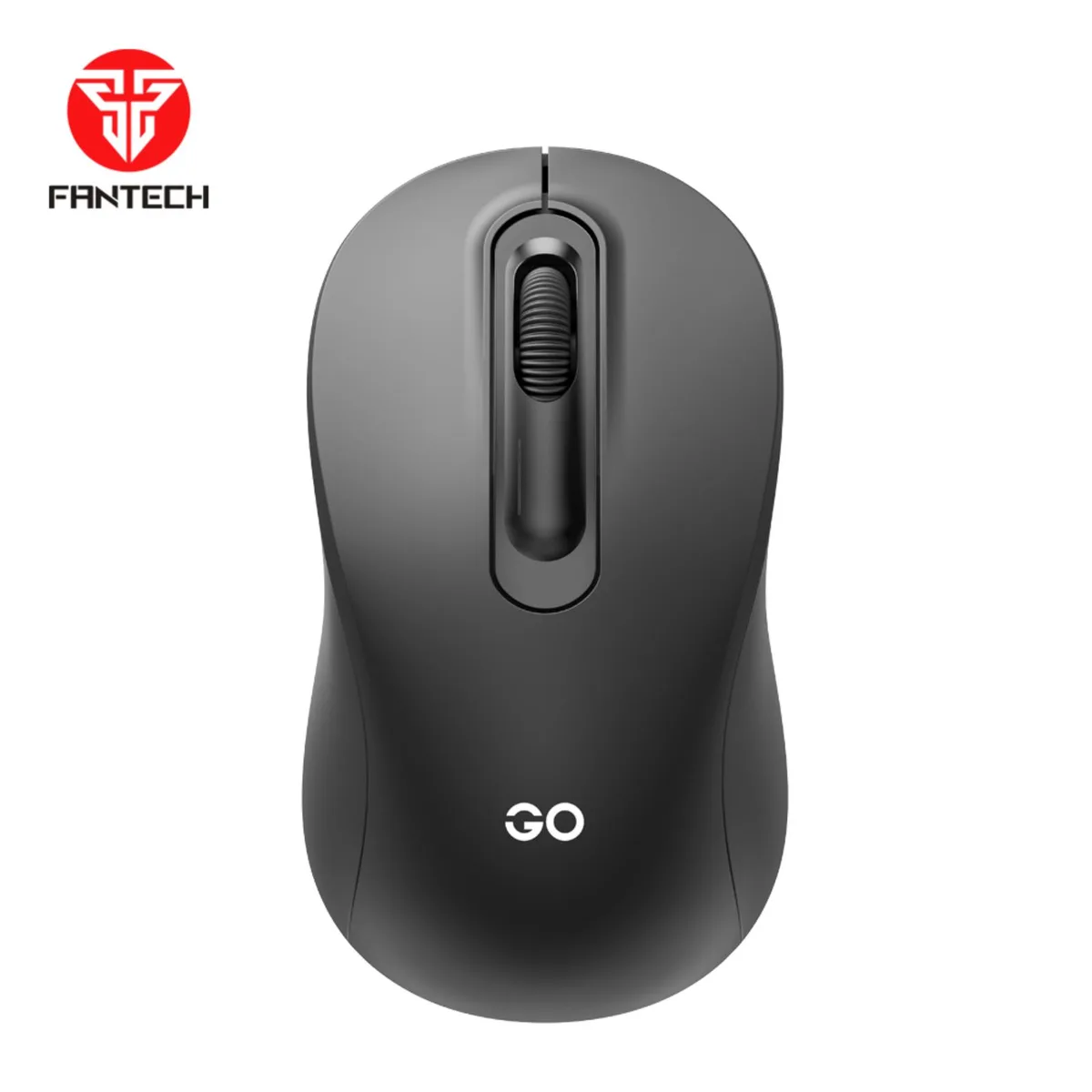 Black wireless gaming mouse, compact symmetrical shape, matte finish, USB receiver stored inside