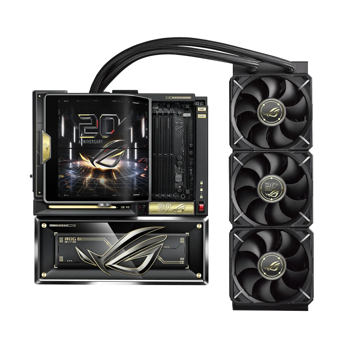 Black E-ATX motherboard with full copper VRM heatsink and included 360 mm AIO cooler featuring dual 6.67 inch AMOLED LCD screens