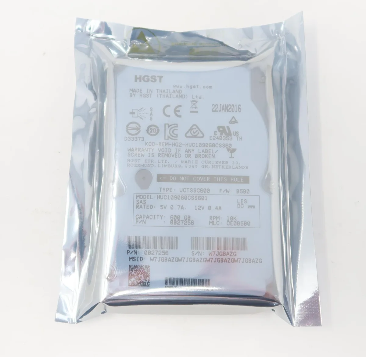 Silver 2.5 inch SAS hard drive with label showing 600GB 10000RPM
