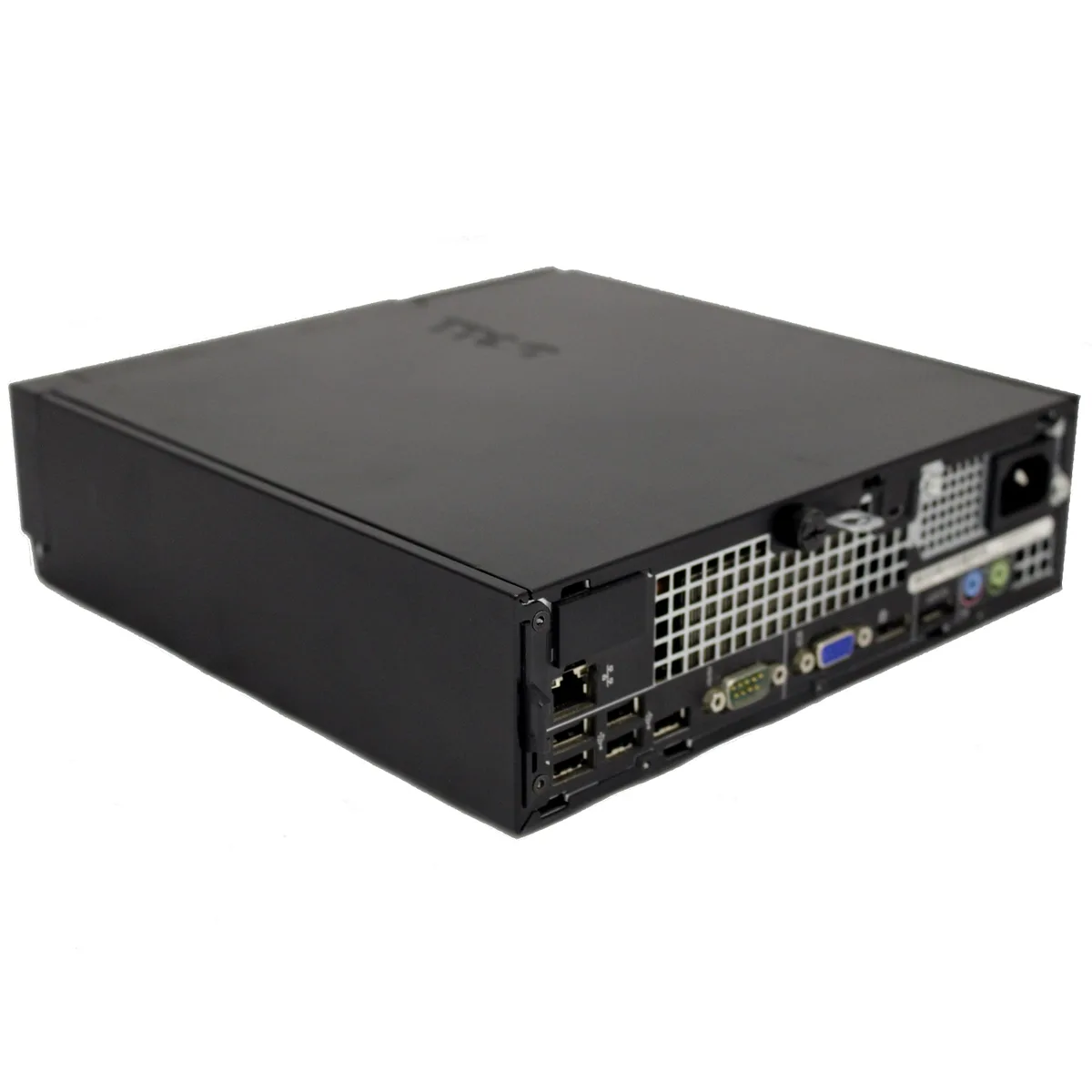 Compact black and silver ultra small form factor desktop tower with DVD-RW slot visible