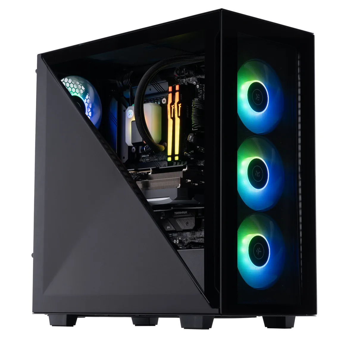 Black mid-tower gaming PC with RGB liquid cooling and tempered glass side panel