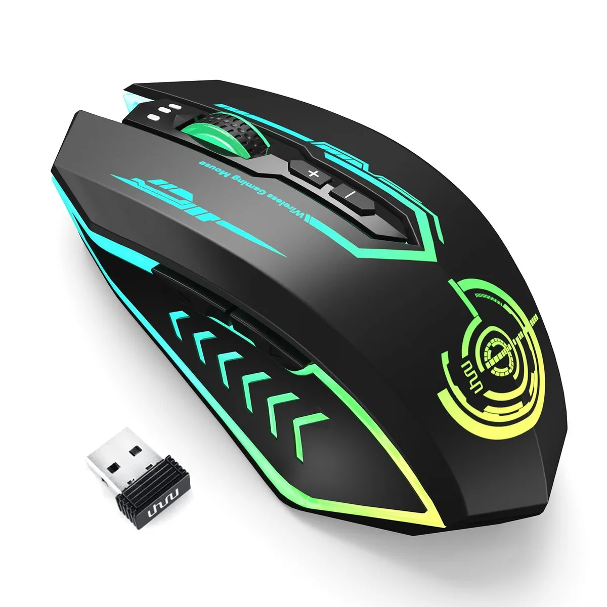 Black ergonomic gaming mouse with 16 side buttons and RGB lighting