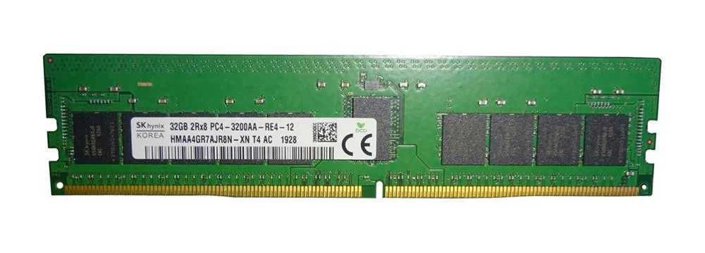 Green printed circuit board with black memory chips and gold edge connectors