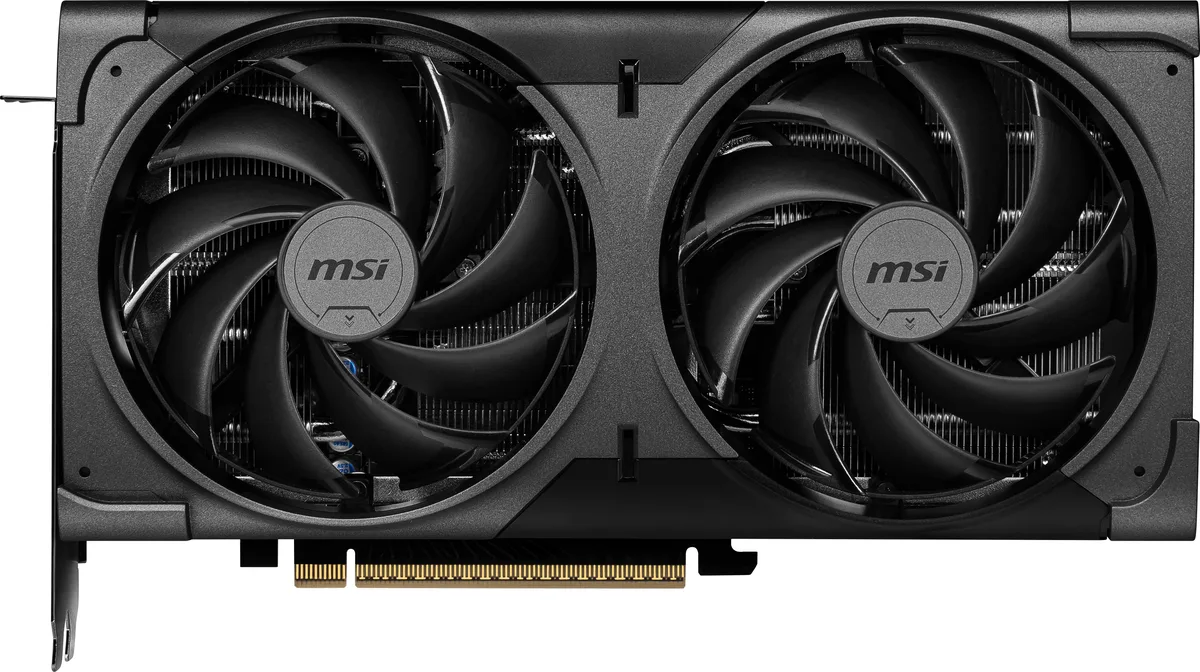 Black dual-fan graphics card with compact rectangular shroud and exposed backplate