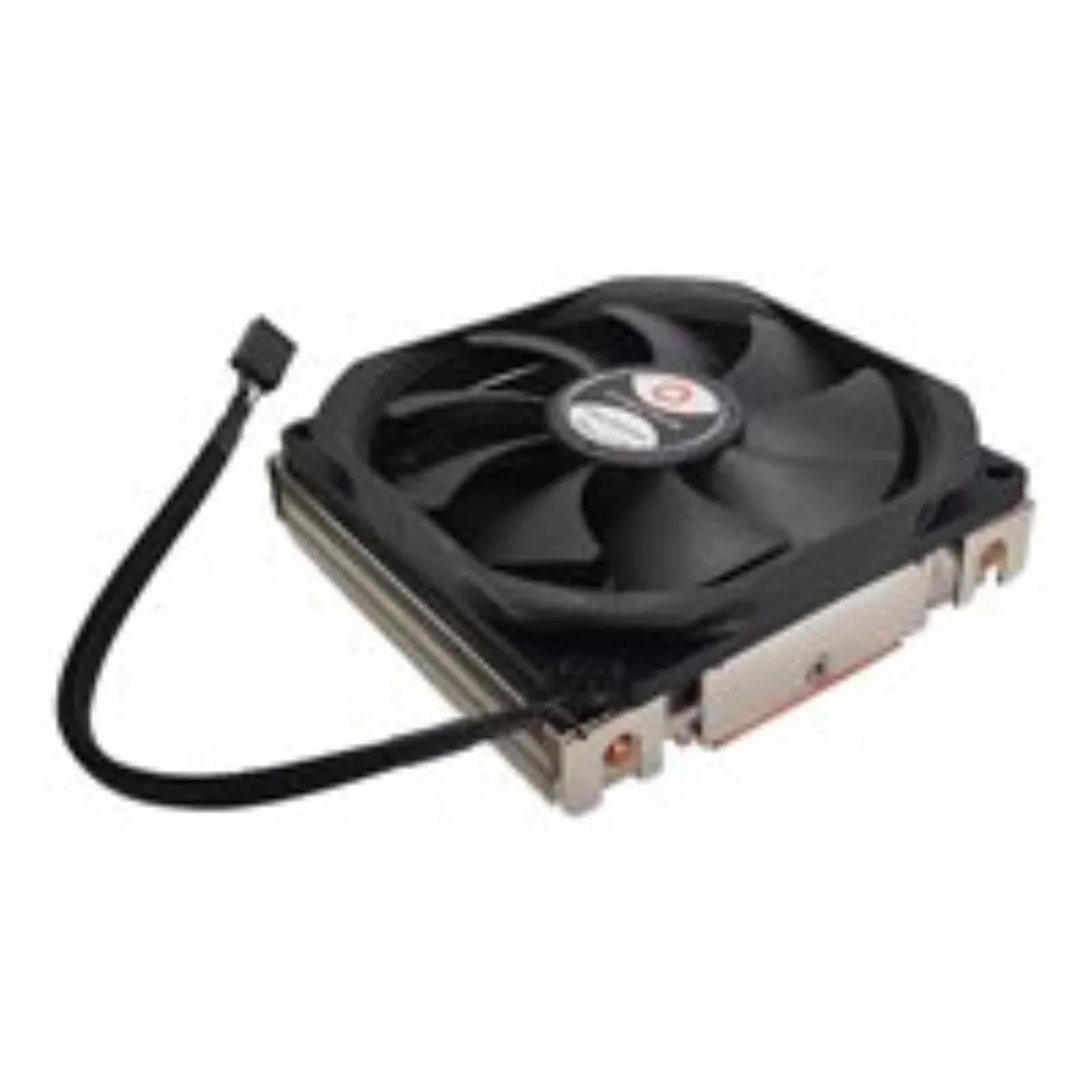 Compact square CPU air cooler, thin profile, metallic fins, integrated fan, mounting hardware included