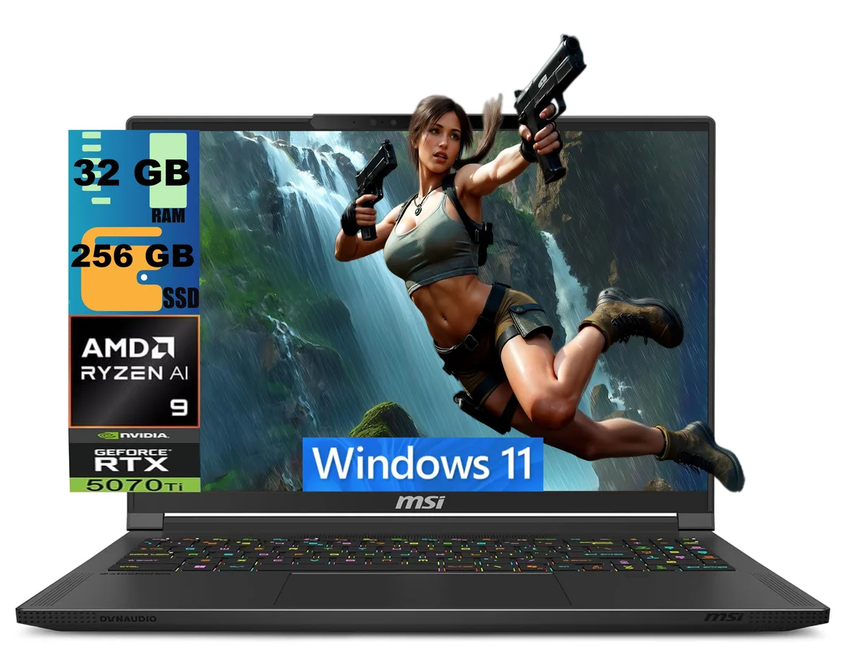 Black 16 inch gaming laptop, thin profile, matte finish, RGB keyboard visible