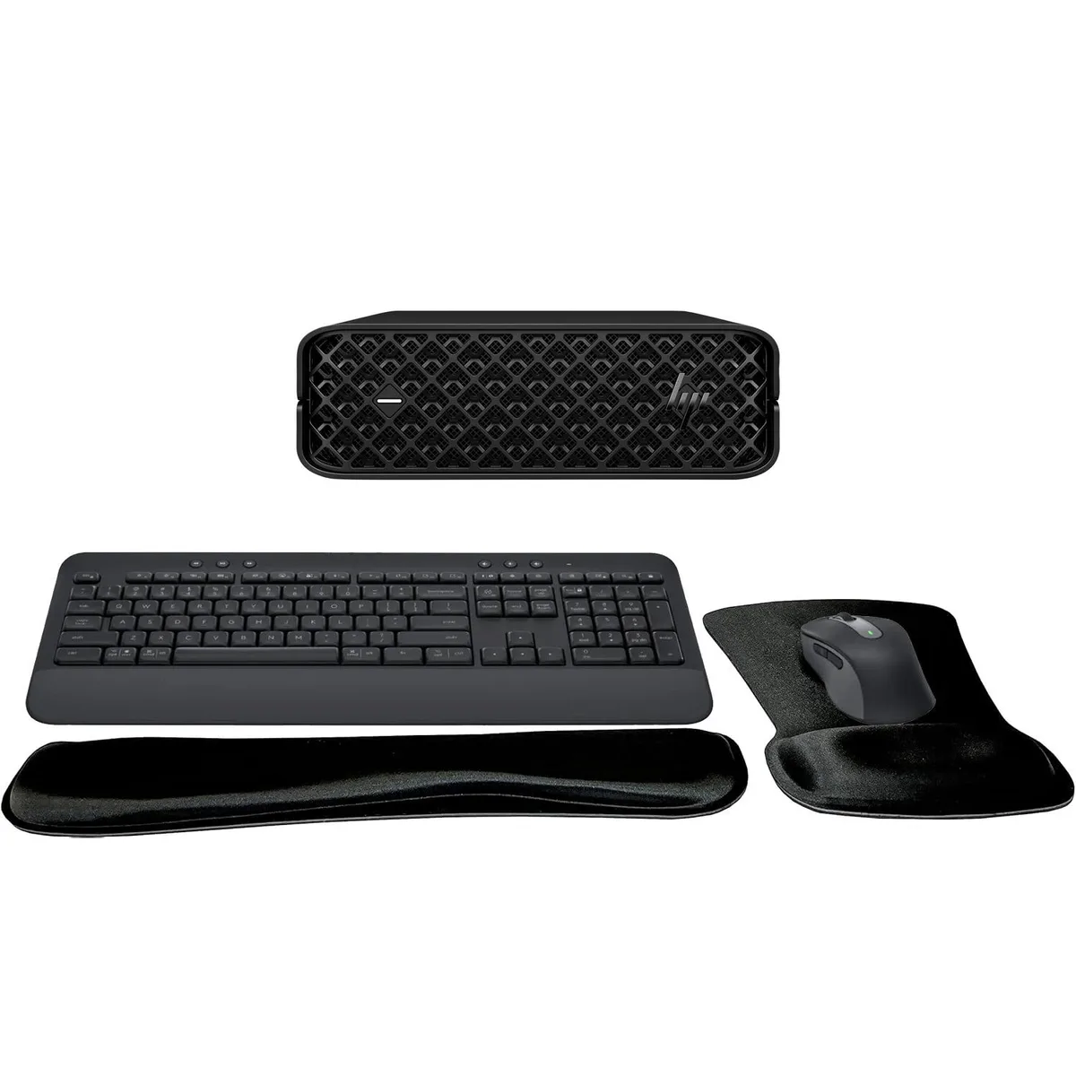 Small black mini PC tower with compact wireless keyboard and contoured mouse with wrist pad