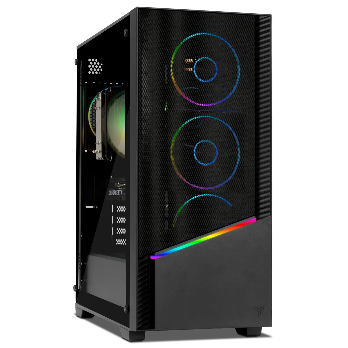 Mid-tower gaming desktop in a dark chassis with front mesh ventilation, RGB memory visible through a tempered side panel
