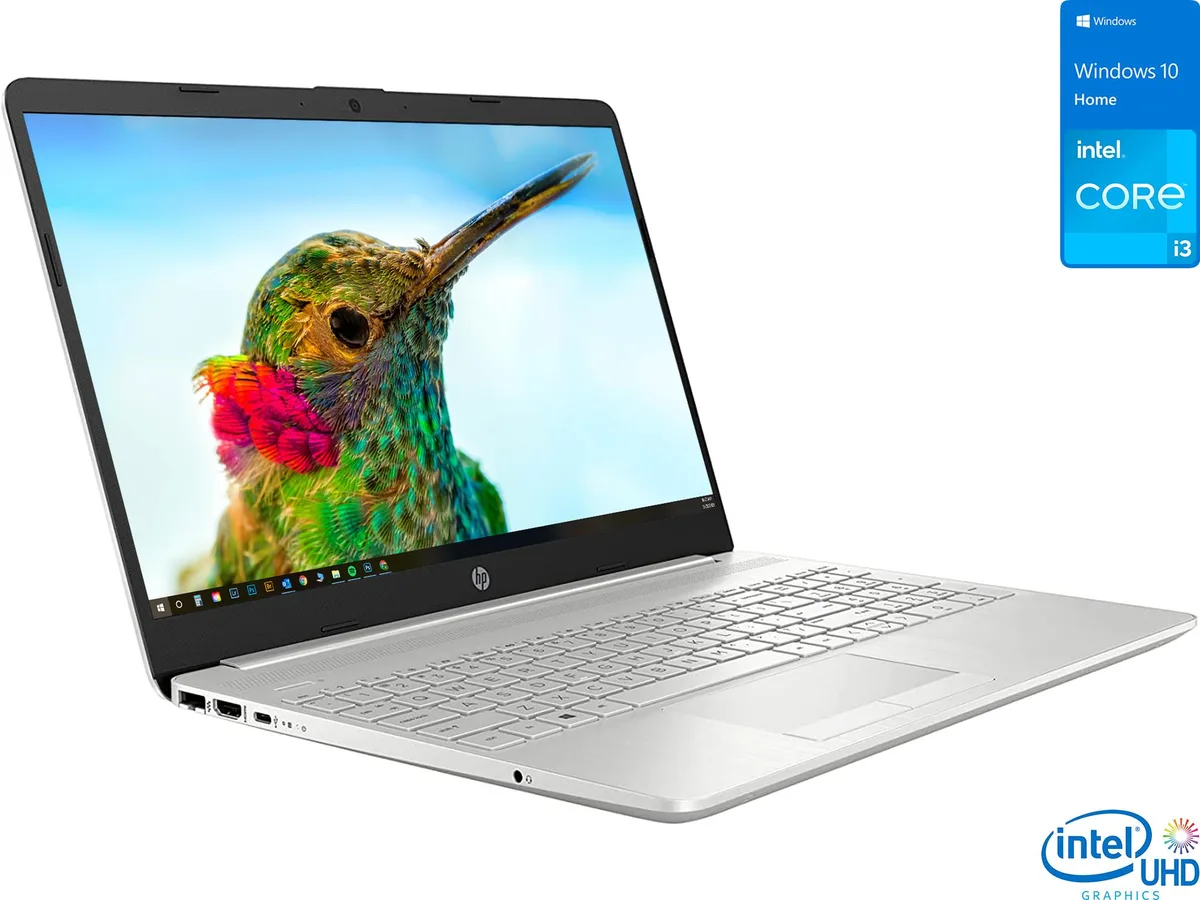 Silver HP 15 notebook with 15.6 inch IPS FHD display and thin bezels
