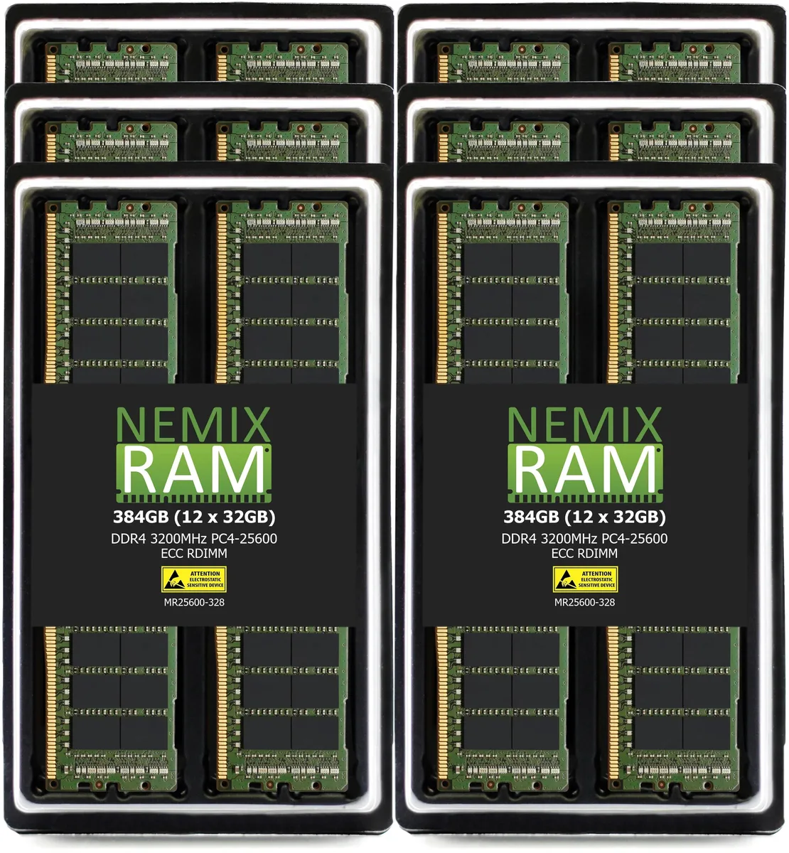 Twelve green DDR4 RDIMM sticks in a row