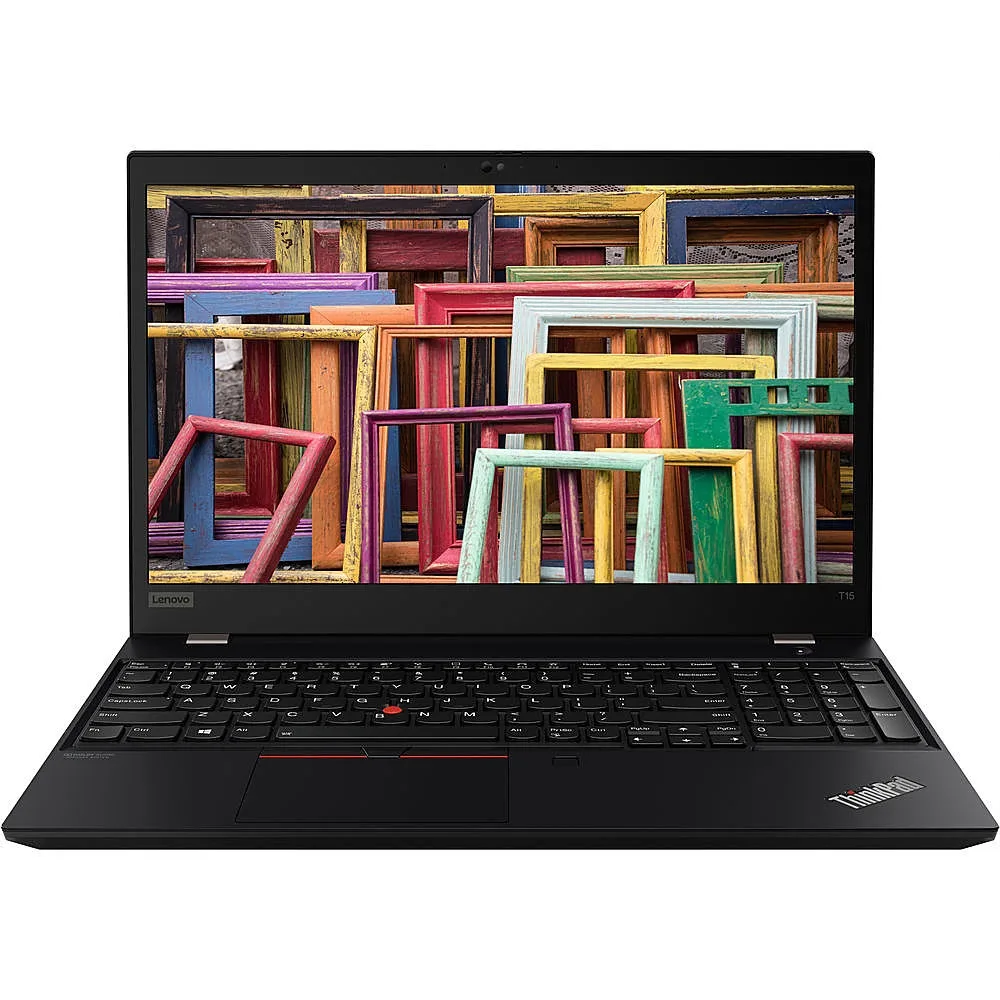 Black 15.6 inch ThinkPad T15 laptop closed on a plain surface