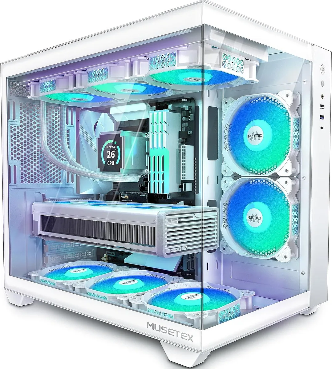 BFKK BFKK Y6 ATX Mid Tower PC Case White 5 PWM ARGB Fans 360mm Radiator Support 270° Tempered Glass USB 3.2 Type-C — product photo