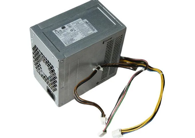 Rectangular silver ATX power supply unit with ventilation grille and power connectors
