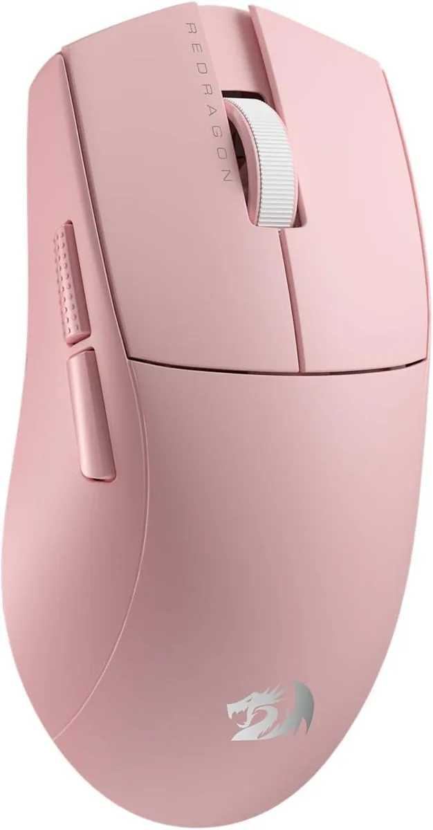 Pink ultra-light wireless gaming mouse with ergonomic shape and side buttons