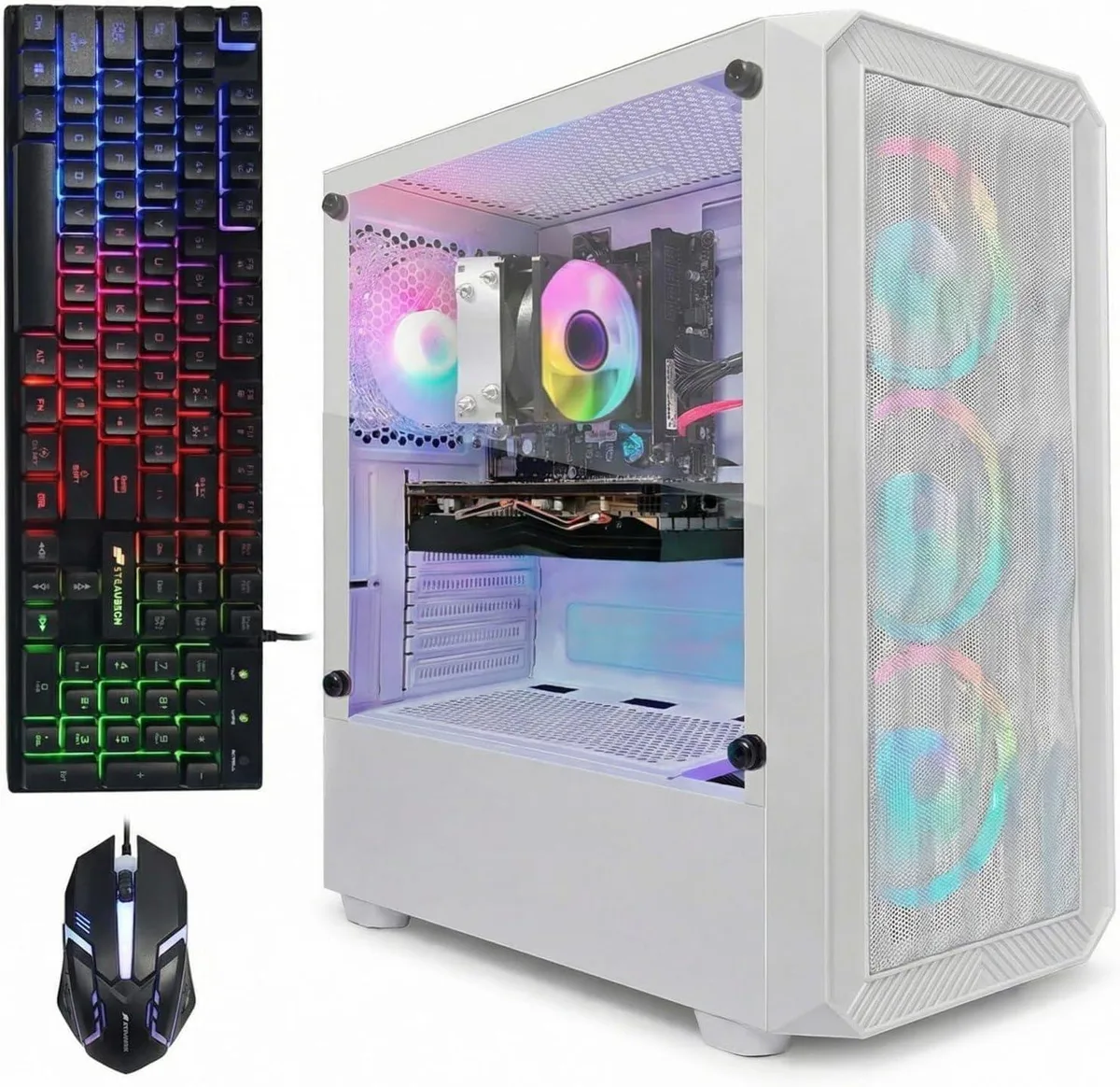Black tower desktop with four RGB fans behind tempered glass