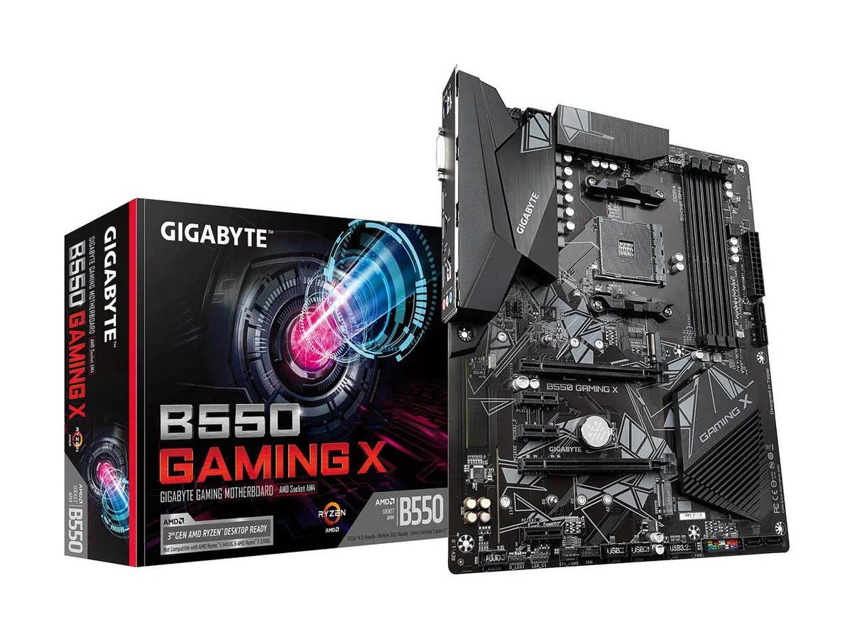 ATX motherboard with black PCB and silver heatsinks