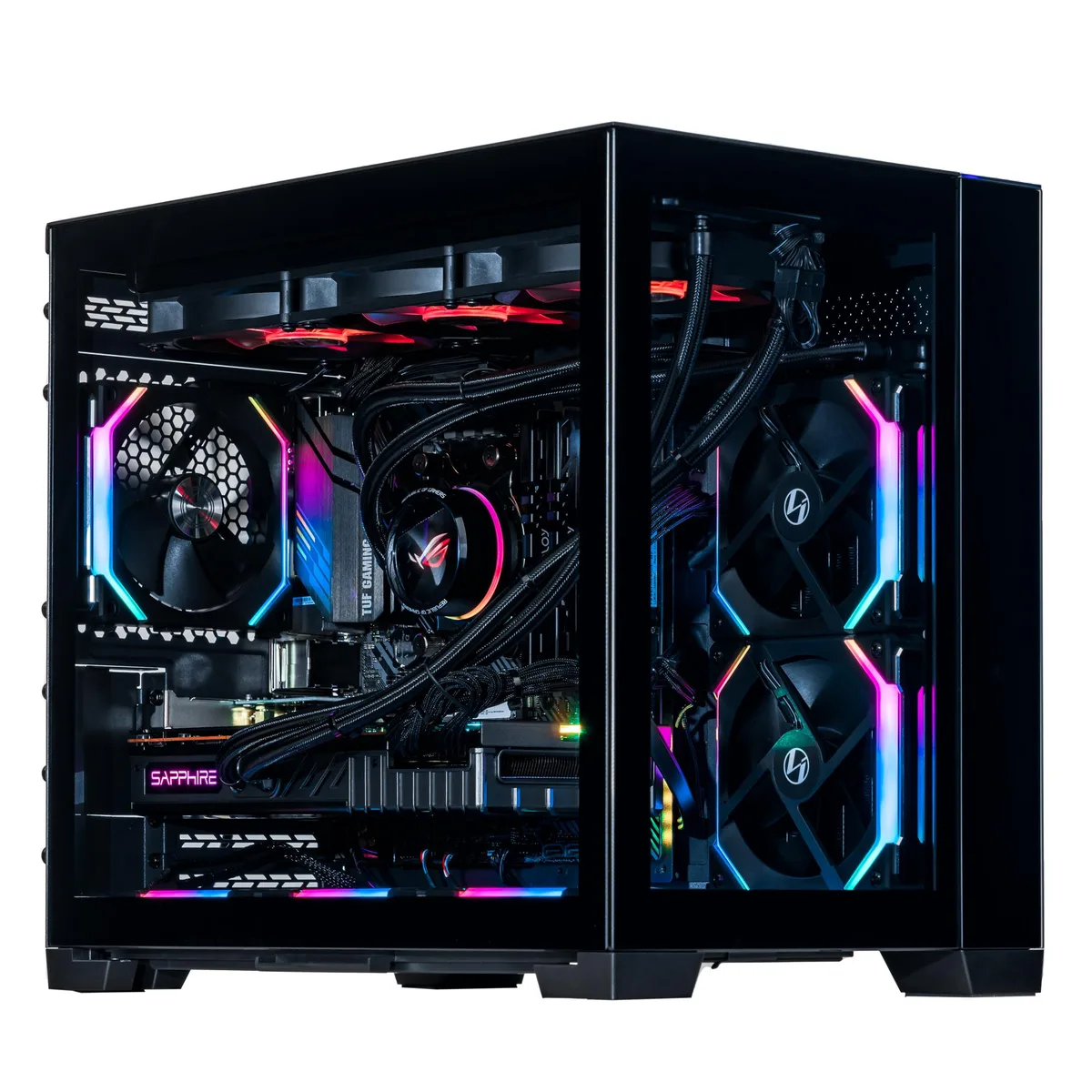 Black desktop tower with RGB liquid cooler and side panel visible