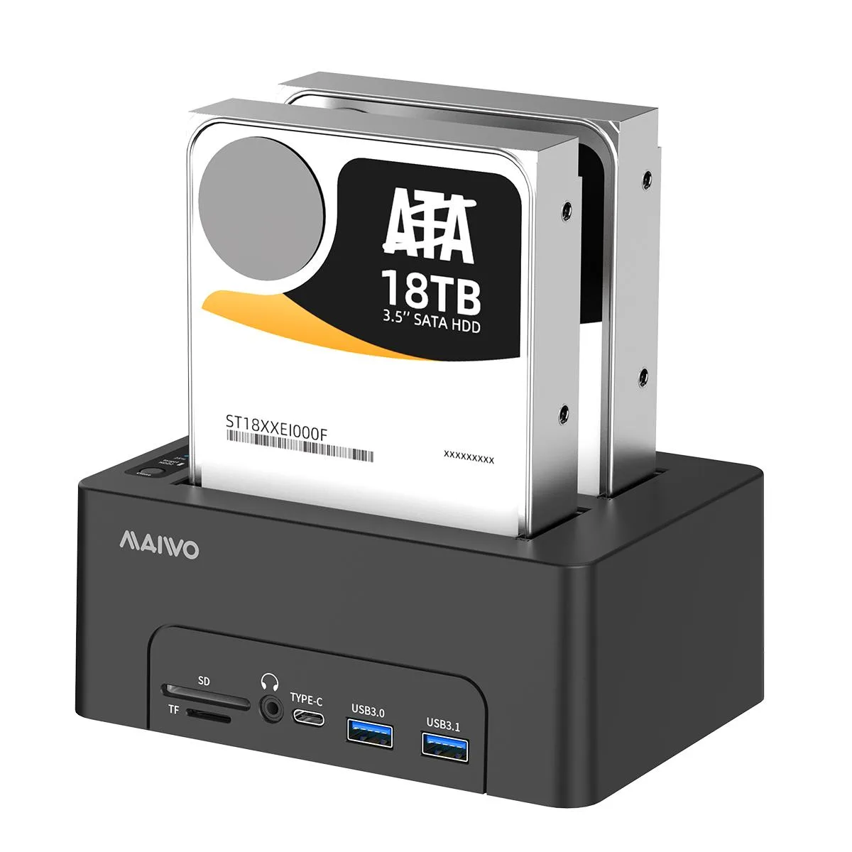 MAIWO MAIWO Dual Bay SATA Enclosure Duplicator & USB-C Dock, 10 Gbps, 18TB/bay, HDTV 4K, BT 5.0 — produktfoto