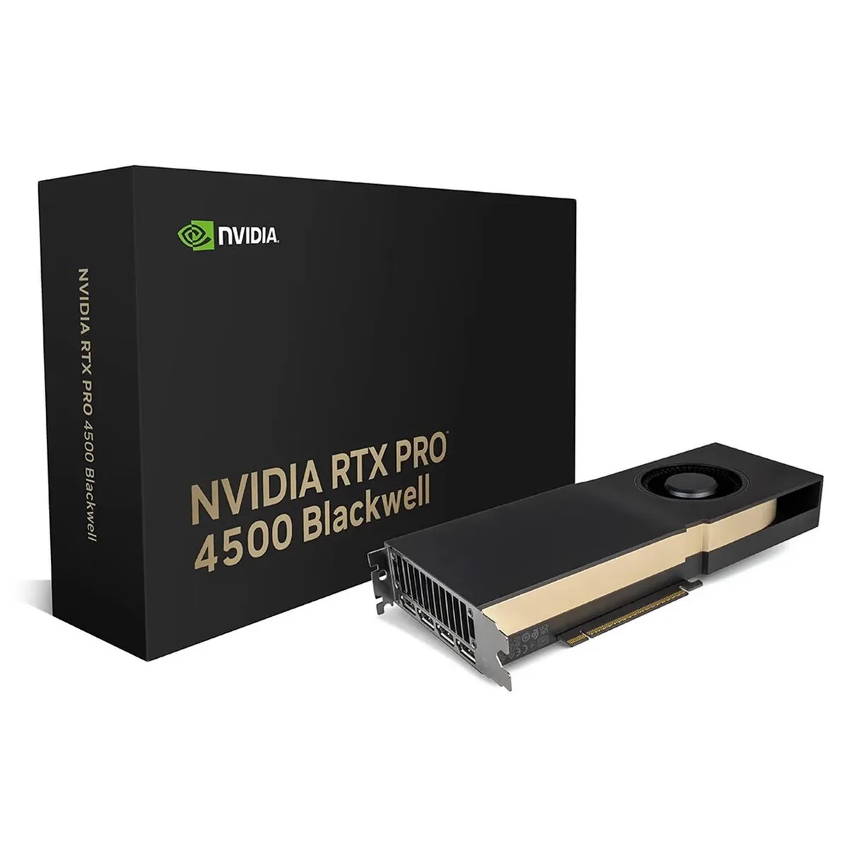 Black dual-slot graphics card with four DisplayPort outputs and a single 16-pin power connector