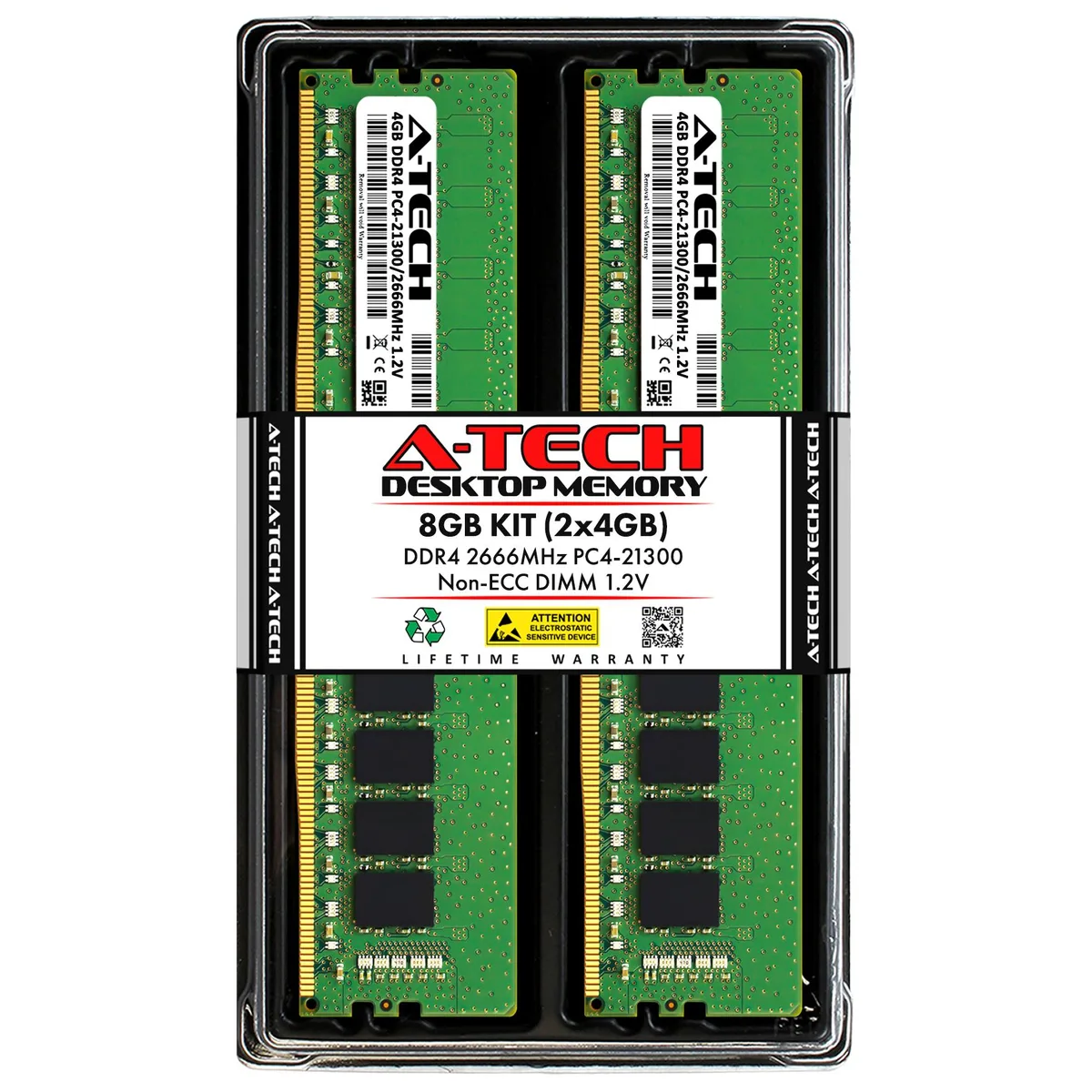 Two green DDR4 DIMM sticks with black chips and silver labels