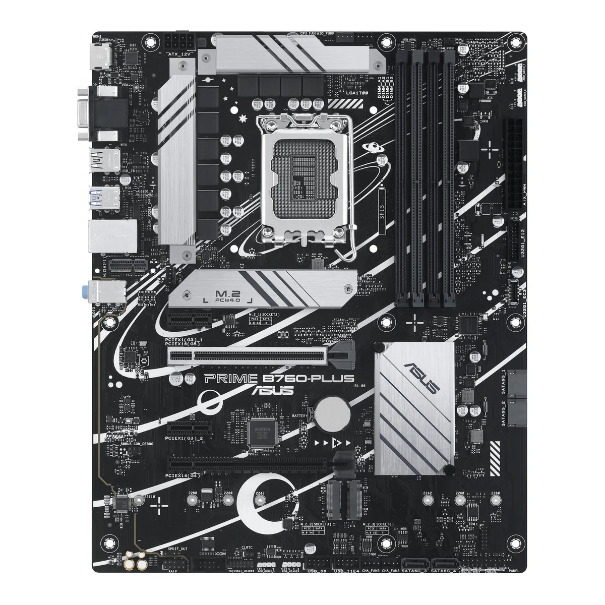 ASUS PRIME B760-PLUS ATX motherboard in black and silver with LGA1700 socket and DDR5 slots