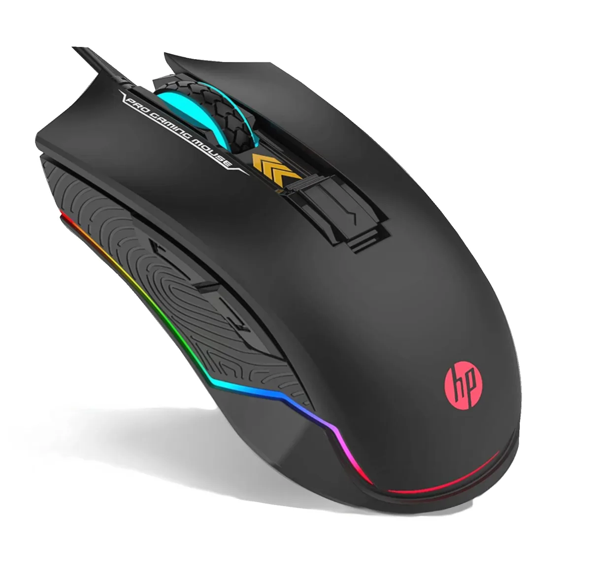 Black wired gaming mouse with textured finish, RGB-lit scroll wheel and logo, six side buttons, braided USB cable