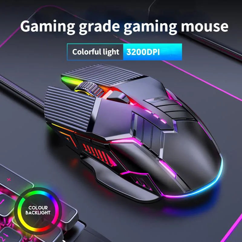 Black wired gaming mouse with RGB lighting, ergonomic shape, six buttons and a scroll wheel