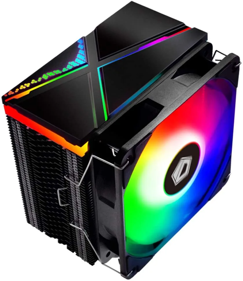 Silver tower cooler with four copper heatpipes, 120 mm ARGB fan and illuminated top cover