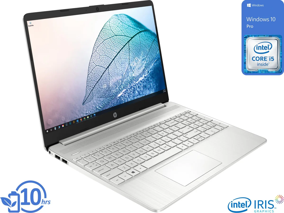 Silver HP 15 notebook, 15.6 inch HD non-touch display, thin micro-edge bezel design