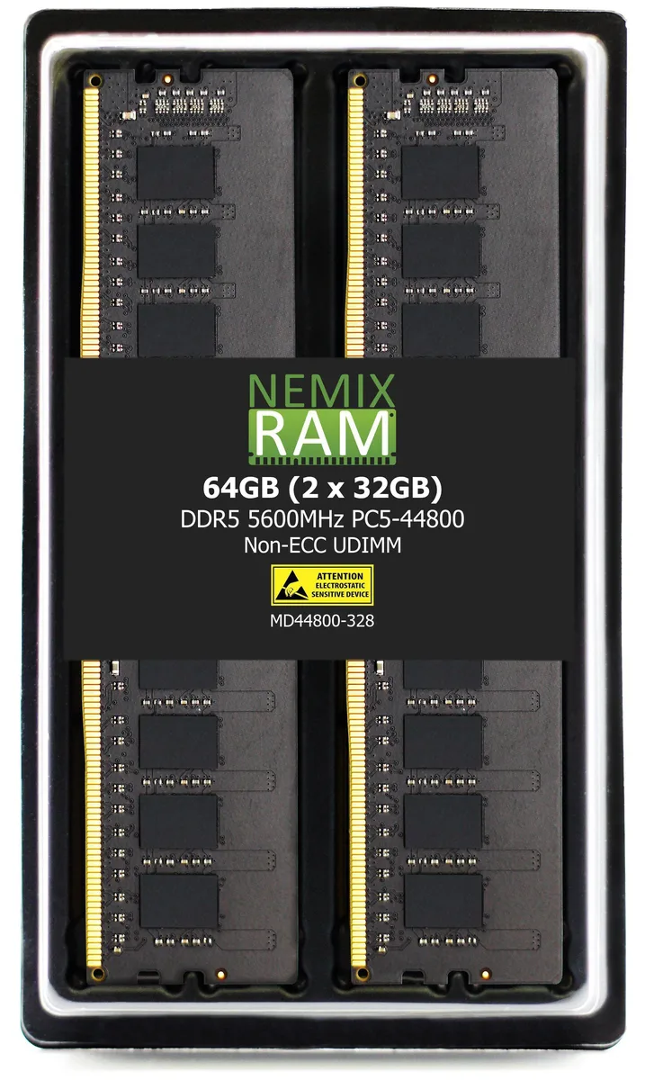 Two green 32GB DDR5 UDIMM sticks, no heat spreaders, 288 pins, CL46 5600 MHz